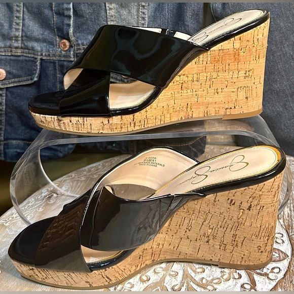 EUC Jessica Simpson “Seena” Black Patent Leather Wedge Cork Heel. Size 9.5 - Picture 6 of 10
